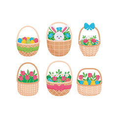 Easter baskets set in flat style isolated on white background. Easter bunny, baskets with flowers and painted eggs