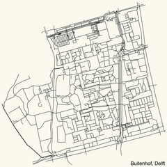Detailed navigation black lines urban street roads map of the BUITENHOF DISTRICT of the Dutch regional capital city Delft, Netherlands on vintage beige background