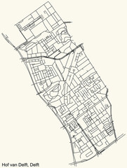 Detailed navigation black lines urban street roads map of the HOF VAN DELFT DISTRICT of the Dutch regional capital city Delft, Netherlands on vintage beige background