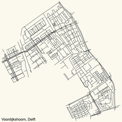 Detailed navigation black lines urban street roads map of the VOORDIJKSHOORN DISTRICT of the Dutch regional capital city Delft, Netherlands on vintage beige background