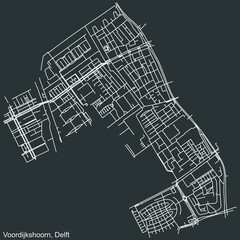 Detailed negative navigation white lines urban street roads map of the VOORDIJKSHOORN DISTRICT of the Dutch regional capital city Delft, Netherlands on dark gray background