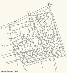 Detailed navigation black lines urban street roads map of the TANTHOF-OOST DISTRICT of the Dutch regional capital city Delft, Netherlands on vintage beige background