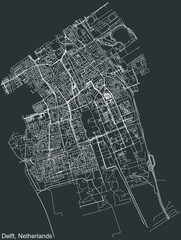 Detailed negative navigation white lines urban street roads map of the Dutch regional capital city of DELFT, NETHERLANDS on dark gray background