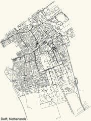 Detailed navigation black lines urban street roads map of the Dutch regional capital city of DELFT, NETHERLANDS on vintage beige background