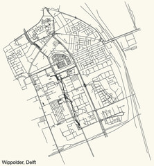 Detailed navigation black lines urban street roads map of the WIPPOLDER DISTRICT of the Dutch regional capital city Delft, Netherlands on vintage beige background