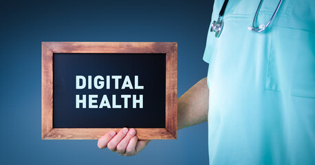 Digital Health. Doctor shows sign/board with wooden frame. Background blue