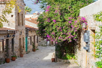 Fototapeta na wymiar Colorful street with flowers in Old Datca, Mugla province, Turkey