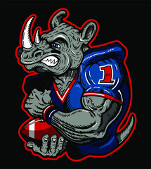 mean, muscular rhino mascot wearing football uniform for school, college or league