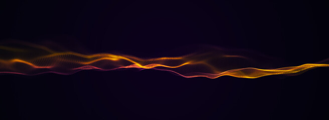 Dynamic golden wave on a dark background. Visualization of big data. Futuristic particle wave. Science and technology. 3d rendering.