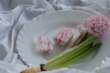 sweet marshmallow and hyacinth on a plate 