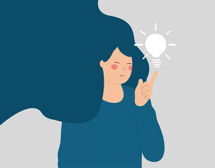 Smart woman has business idea. Confident entrepreneur female points with her index finger on a light bulb over her. Concept of creativity, innovation, solution, business mindset. Vector illustration.