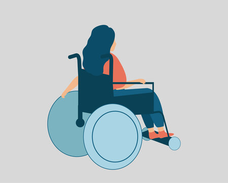 Sad Young Woman With A Disability Uses A Wheelchair In Back View Angle. Depressed Female Person With Mental Health Disorders. Depression, Loneliness Psychological Problems Concept. Vector Illustration