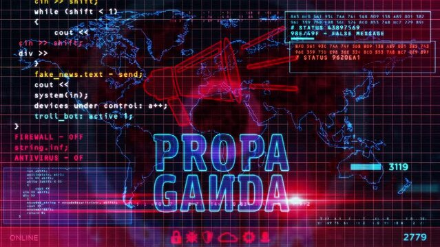 Propaganda message on computer screens. Fake news, disinformation and manipulation abstract concept 3d loop animation with glitch effect. Seamless and loopable.
