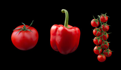 red tomatoes and peppers on a black background. red vegetables