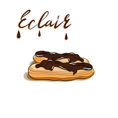 French pastry Eclair with chocolate icing isolated on white vector illustration in flat technique 