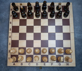 Chess board with figures. Wooden chess. Board games. Location of opponents. Counter strategy.