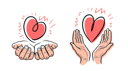 Heart in hands symbol. Charity, philanthropy emblem. Hand drawn vector illustration