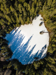 Aerial view of frozen beautiful Sapnu (Dream) lake, forest and tree shadows in sunny spring day, Latvia.