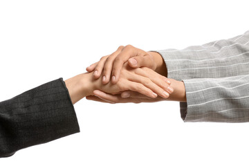 Businesswomen holding hands together on white background