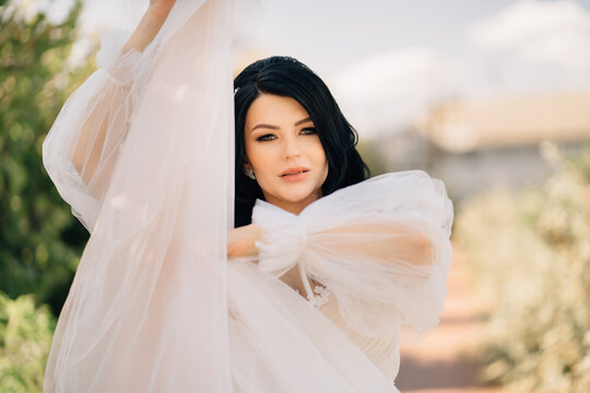 Portrait Of The Bride In A Dress With Puffy Sleeves Made Of Transparent Fabric