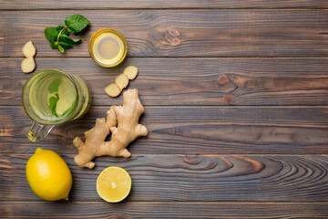 Natural cold and flu home remedies. Natural ingredients for immunity stimulation and viruses protection. top view flat lay