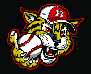 bobcat mascot holding baseball in paw for school, college or league