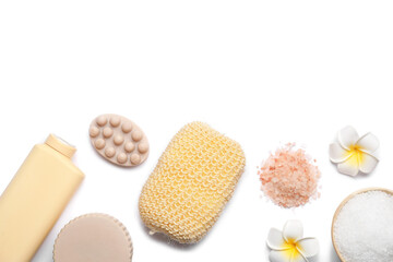 Set of bath supplies with bath sponge on white background, closeup