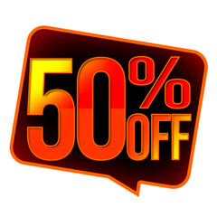 50% off. Discount for big sales. Text in shades of red. Dark balloon with orange border and white background