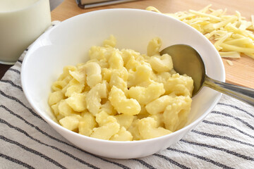 Macaroni and cheese in a white bowl. 