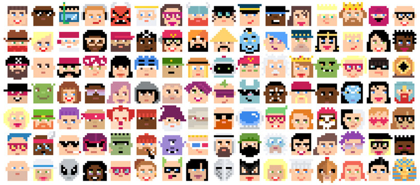 Set of pixel avatars. Different characters in minimalistic 8-bit style