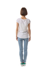 Beautiful young woman in stylish t-shirt on white background, back view