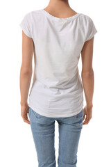 Obraz premium Beautiful young woman in stylish t-shirt on white background, back view