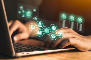 businessman working on laptop with finances and online technology transaction, E-commerce concept with digital interface with icons of banking and co working online team.