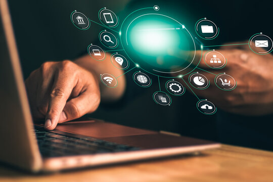 businessman hand holding phone for paying online and shopping on virtual interface global network, online banking and digital marketing.