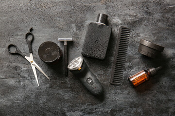 Set of male accessories for shaving on black background