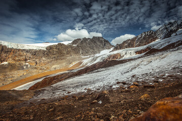 Summer panorama of Vallelunga Glacier and Gepatschferner in rapid retreat caused by global warming, Alto Adige, Italy. Popular mountain with climbers. Concept about global warming