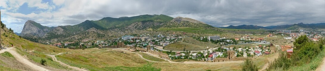 Fototapeta na wymiar Panoramic view towards Perchem Mountain from Genoese Fortress, Sudak, Crimea.