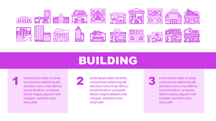 Building Construction Exterior Landing Web Page Header Banner Template Vector. Shopping And Commercial Center Skyscraper, Seafood Sushi Restaurant, Cinema Night Club Building Coffee Shop Illustration