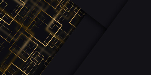 Black abstract background with gold lines. Modern technology concept