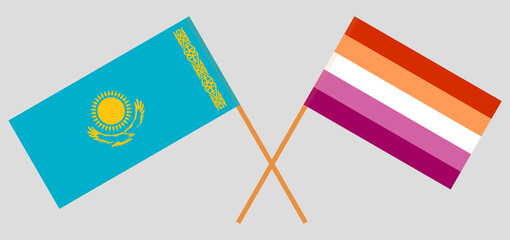 Fototapeta premium Crossed flags of Kazakhstan and Lesbian Pride. Official colors. Correct proportion