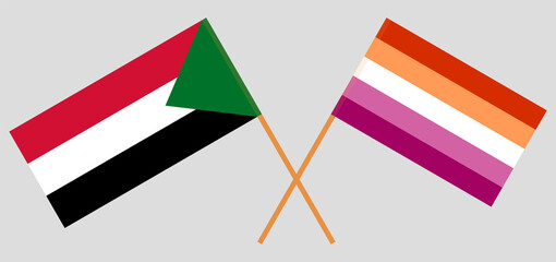 Crossed flags of the Sudan and Lesbian Pride. Official colors. Correct proportion