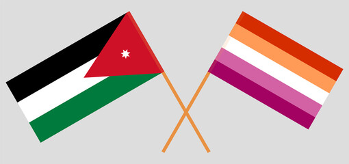 Crossed flags of Jordan and Lesbian Pride. Official colors. Correct proportion