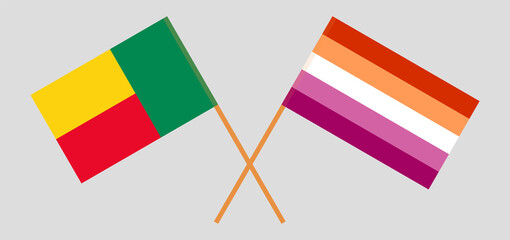 Crossed flags of Benin and Lesbian Pride. Official colors. Correct proportion
