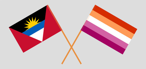 Crossed flags of Antigua and Barbuda and Lesbian Pride. Official colors. Correct proportion