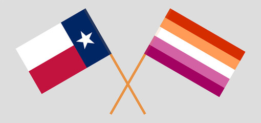 Crossed flags of the State of Texas and Lesbian Pride. Official colors. Correct proportion