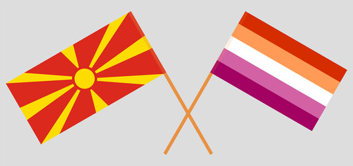 Fototapeta premium Crossed flags of North Macedonia and Lesbian Pride. Official colors. Correct proportion