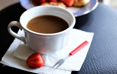 cup of coffee and strawberry food dessert tasty pastry yummy plate  beverage drinks fork cafe kitchen nobody bakery cafe kithen cappuccino affeine latte closeup milk pancakes