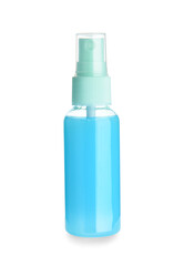 Travel bottle with cosmetic product on white background