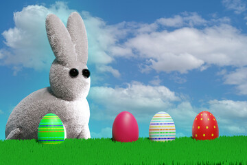 Easter background with bunny and eggs. 3D render illustration.