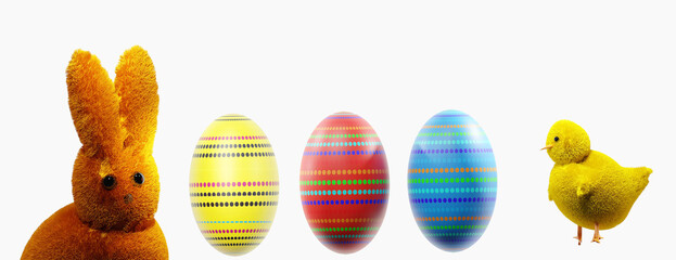 Easter background with eggs and bunny. 3D render illustration.